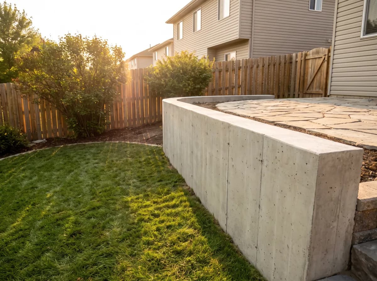 Poured concrete structural wall in a residential backyard