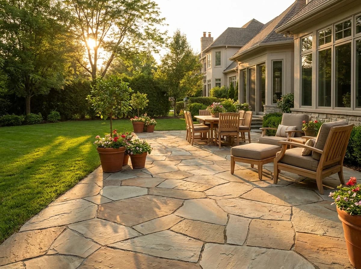 Natural stone being hand-set for a patio installation